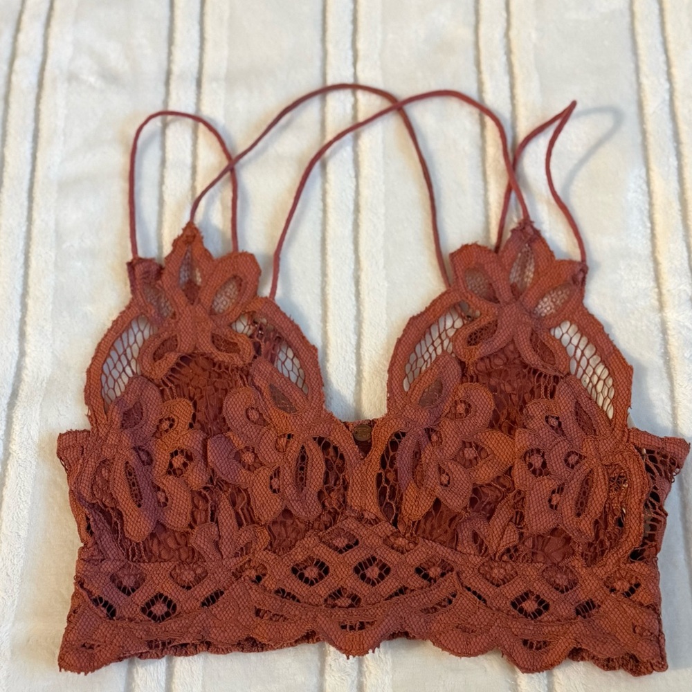 Free people Adella Longline Bralette Bandeau crop top lacy floral boho XS Copper